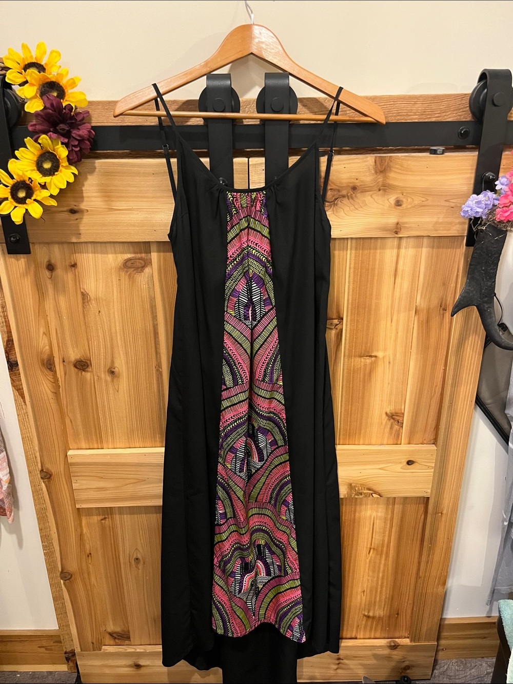 Rip Curl Black High-Low Slip Dress with Pink & Green Geometric Panel - Picture 1 of 9